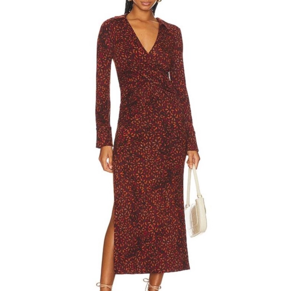 Free People Shayla Wrap Midi Dress Chocolate Brown Combo Women Size S New